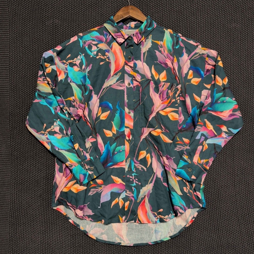 Calia Button Up Shirt Mens Small Multicolor Floral Linen Blend Tropical Long Slv